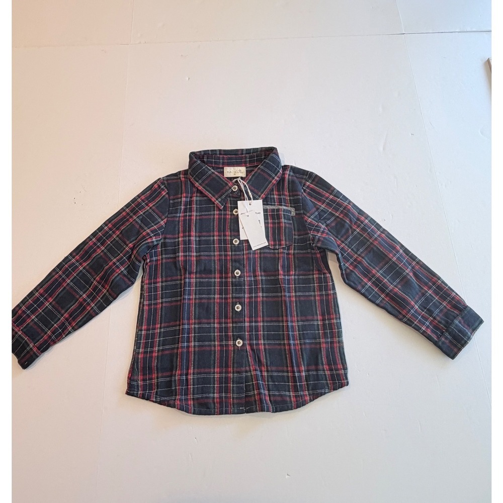 Miki Miette Kids Navy Blue Red Plaid Flannel Button Down Shirt 6Y NEW
